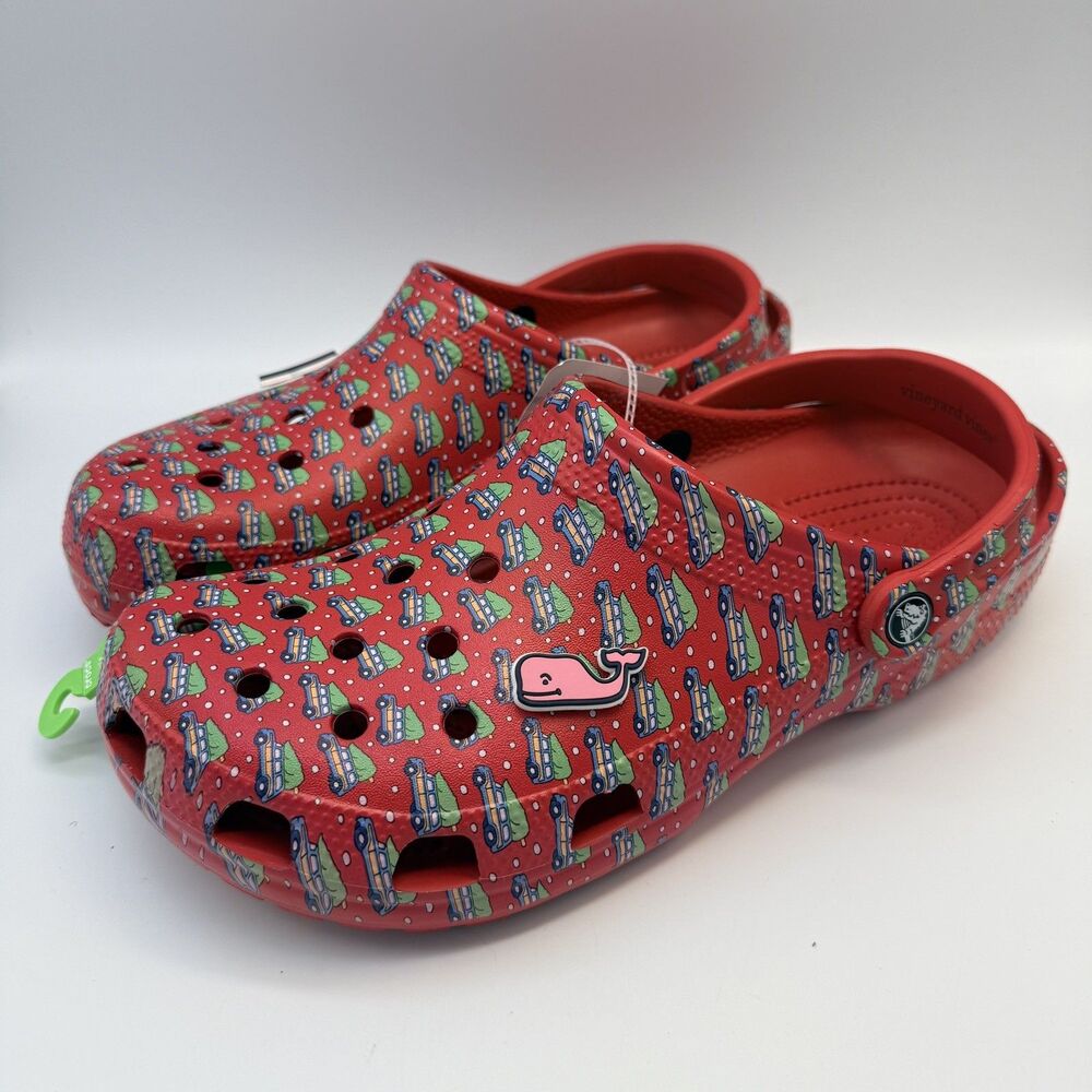 Crocs Vineyard Vines Clog Red Holiday Christmas Cars Tree Whale Logo M10 W12 NWT